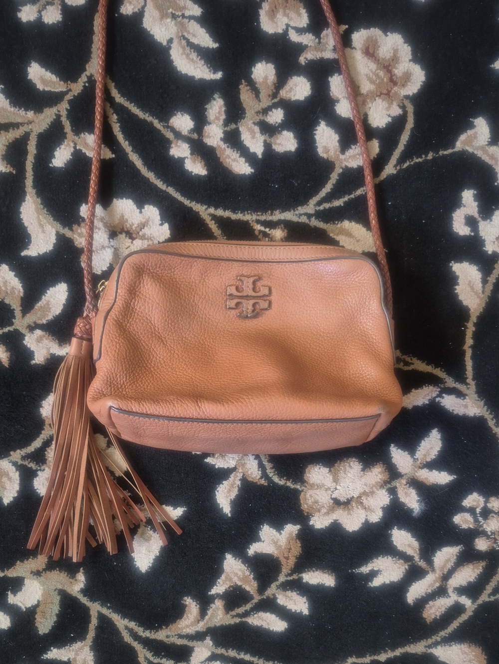 Tory Burch Cognac Pebbled Leather Crossbody with Tassel